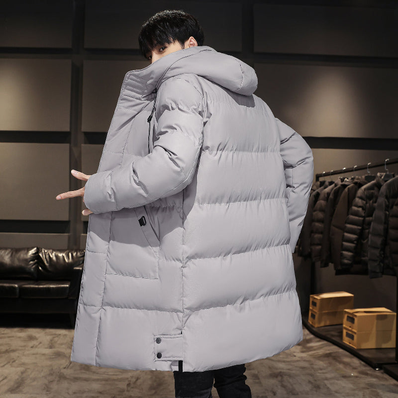 Rear view of a gray parka jacket with a hood.