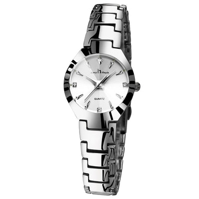 Women's silver quartz watch with a white face and diamond accents.