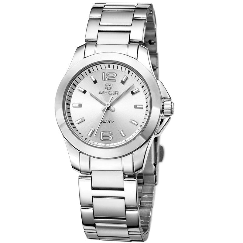 Women's silver quartz watch with a white face.