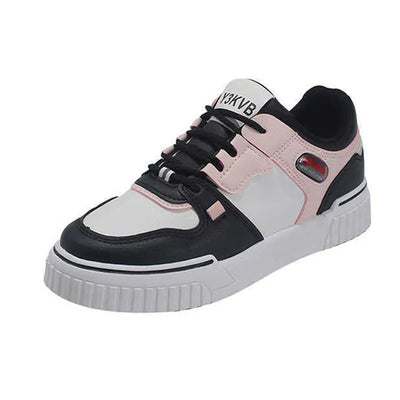 Black and pink casual sneakers with a stylish, layered design and lace-up closure.
