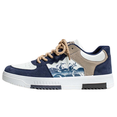 Men's blue and white casual sneakers with wave pattern design and rope laces.