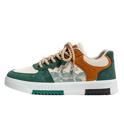 Men's green and brown casual sneakers with wave pattern design and rope laces.