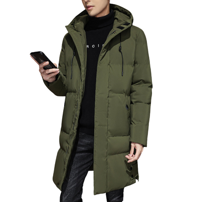 Men's olive green long puffer coat with hood and drawstrings.