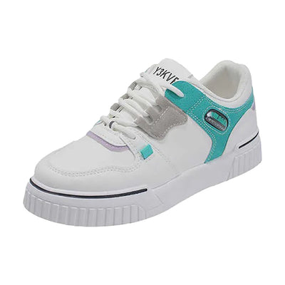 White and teal sneakers for women featuring a trendy, sporty aesthetic with cushioned soles.