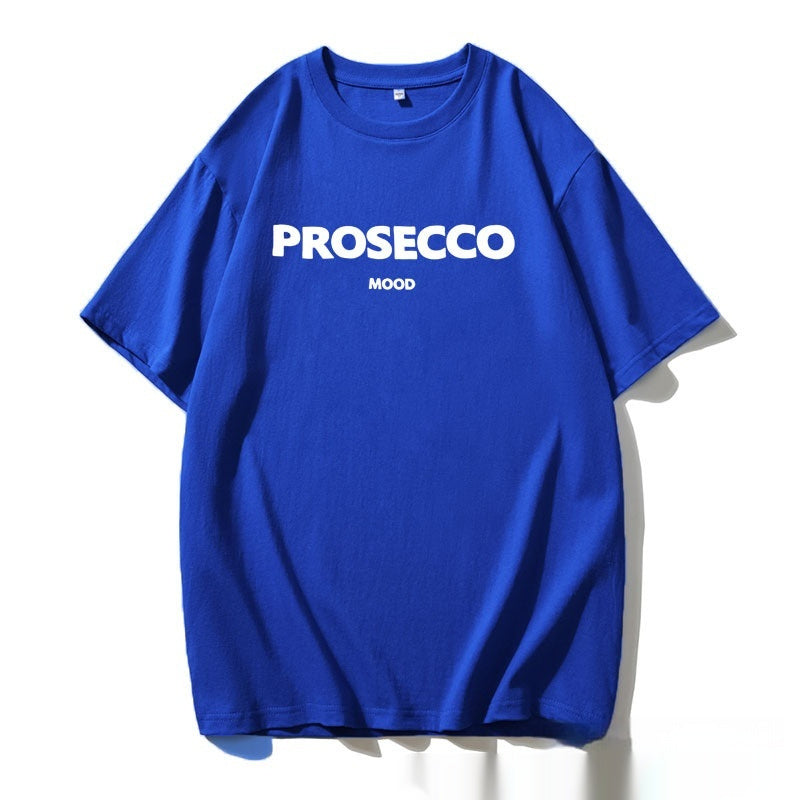 A blue women's t-shirt with "PROSECCO MOOD" text printed on the front.