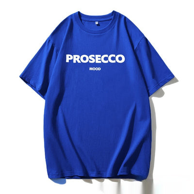 A blue women's t-shirt with "PROSECCO MOOD" text printed on the front.