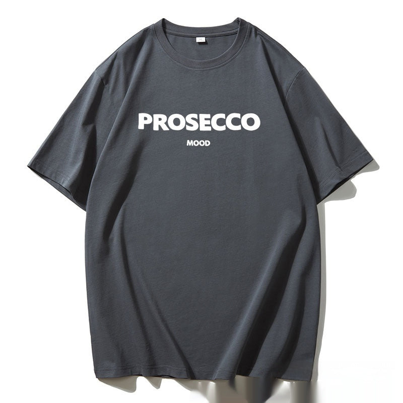 A gray women's t-shirt with "PROSECCO MOOD" text printed on the front.