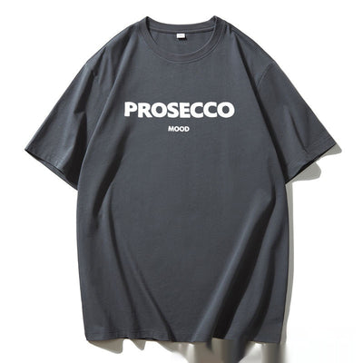A gray women's t-shirt with "PROSECCO MOOD" text printed on the front.