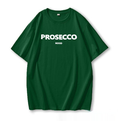 A green women's t-shirt with "PROSECCO MOOD" text printed on the front.